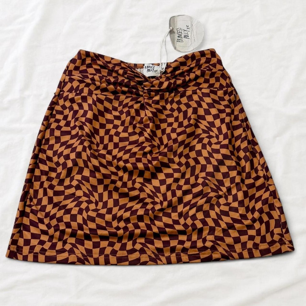 Princess Polly Brown Warped Checkerboard Mini Skirt Ruched Twist Front US 2